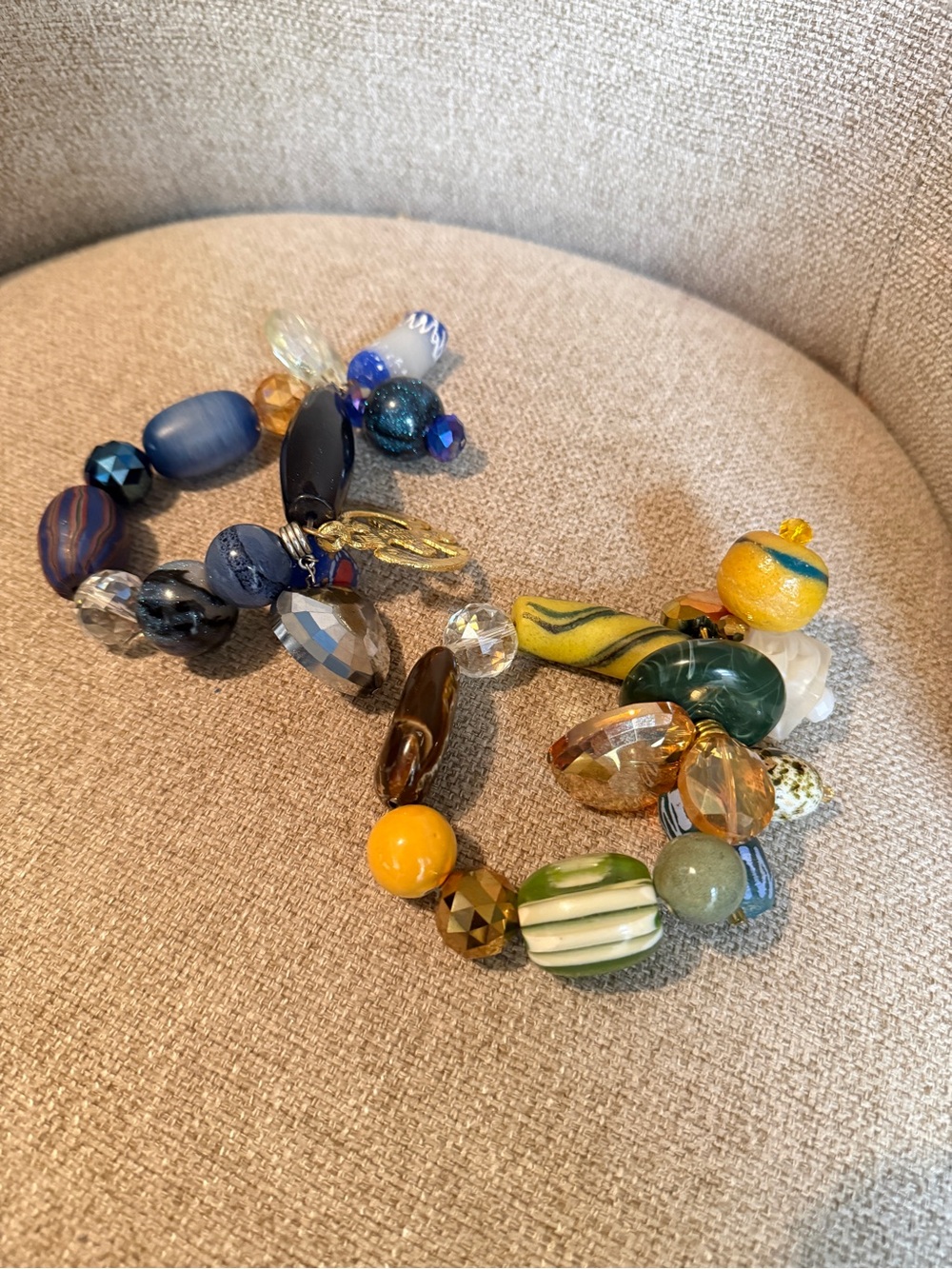 African Multicolor Glass Bead Stretch Bracelet — Yellow & Blue Accents